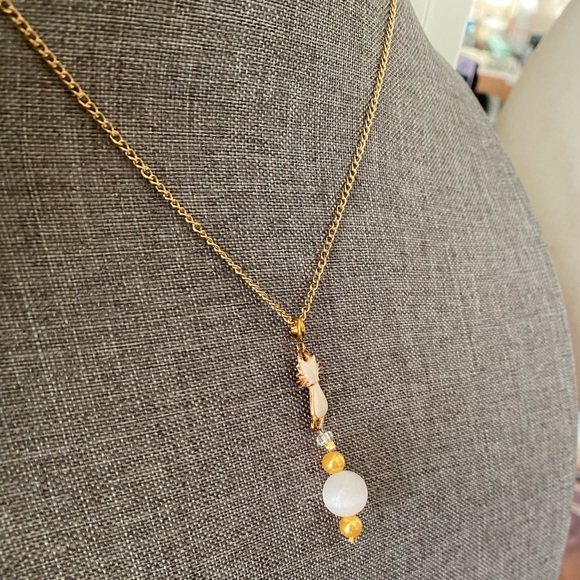 Healing Selenite & Gold Glass Bead Kitty Cat Crystal Charm Necklace White Witch - Picture 3 of 5